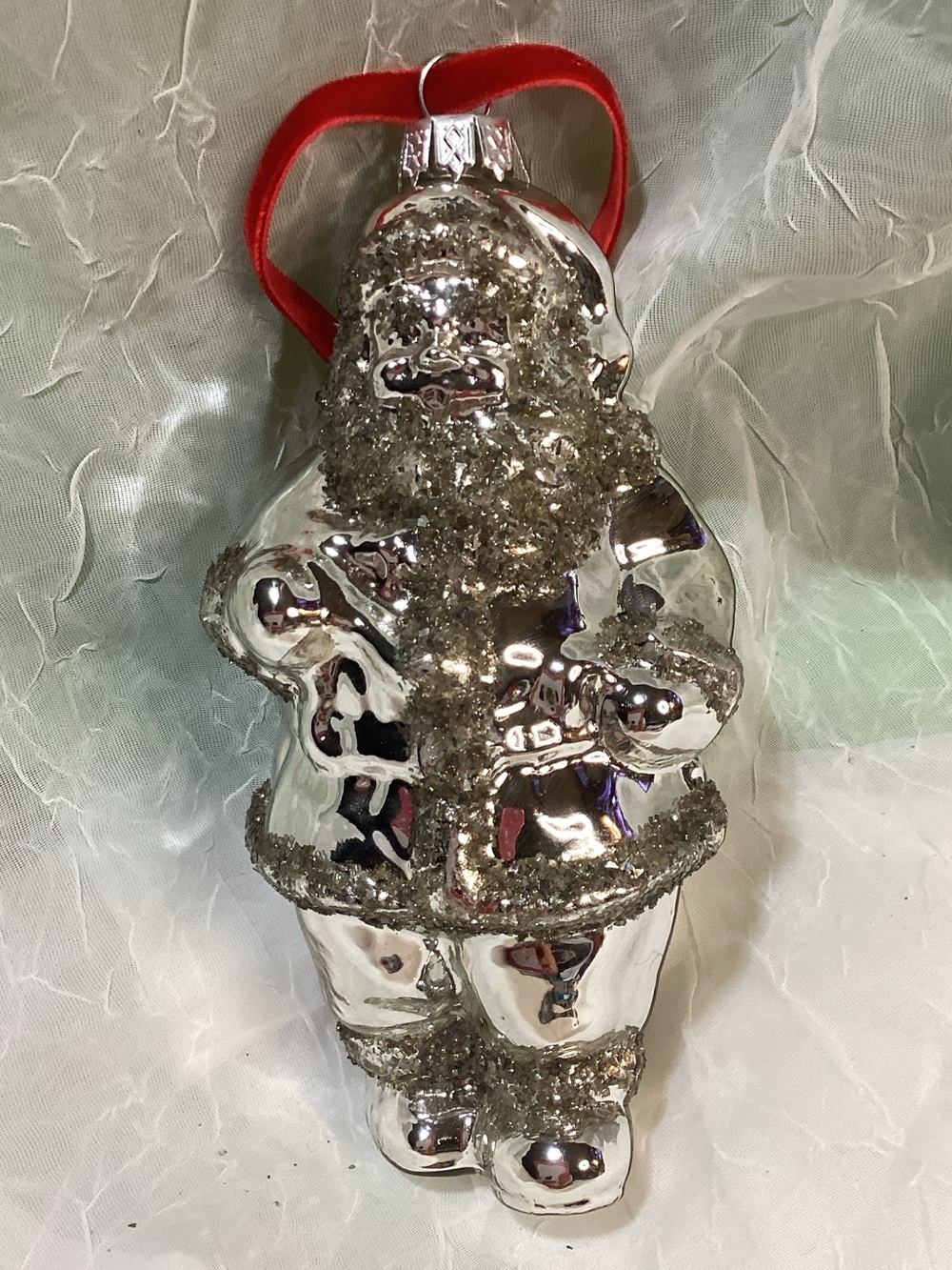 Silver Mercury Glass Glitter Santa Ornament Red Velvet Ribbon 5.5" Hanging